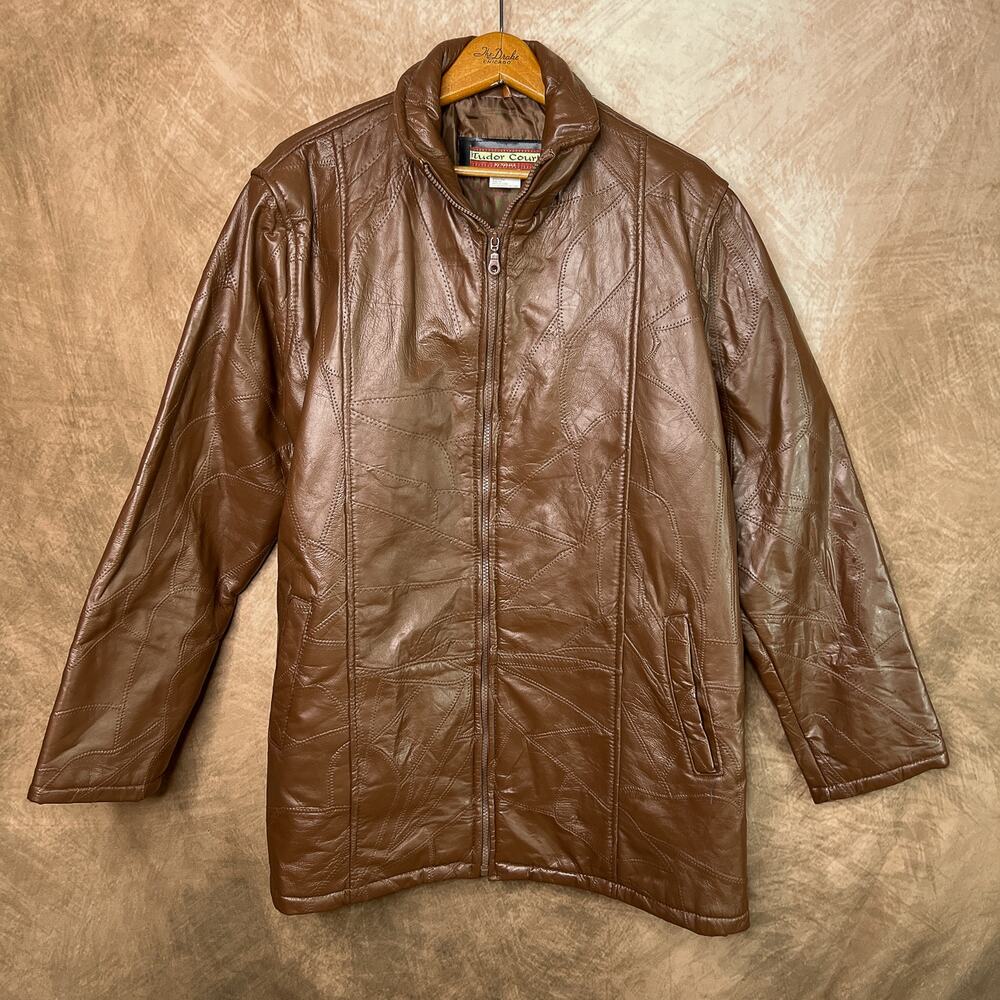 Vintage Leather Jacket 90s Embroidered Zip Up Brown Streetwear Biker Moto Retro